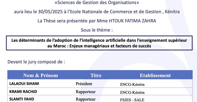 Avis de soutenance de thÃ¨se de Mme HTOUK FATIMA ZAHRA
